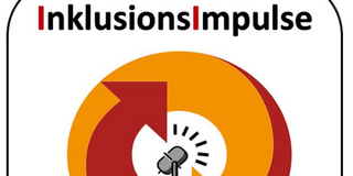 Logo InklusionsImpulse mit zwei kreisförmigen Pfeilen und einem Mikrofon in der Mitte.