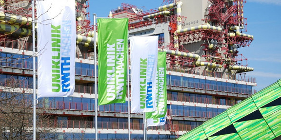 RWTH University Hospital, flags with logo, building