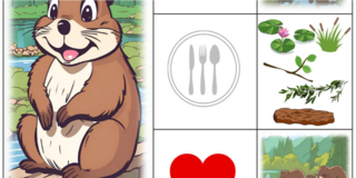 Betty Biber - Fördermaterialien aus dem DoSETÜ-Projekt Eine im Comic Stil gestaltete Illustration eines Bibers sowie Symbolkarten zu Essen, Naturmaterialien, einem Herz und einer Biberfamilie.