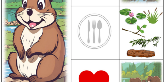 Betty Biber - Fördermaterialien aus dem DoSETÜ-Projekt Eine im Comic Stil gestaltete Illustration eines Bibers sowie Symbolkarten zu Essen, Naturmaterialien, einem Herz und einer Biberfamilie.