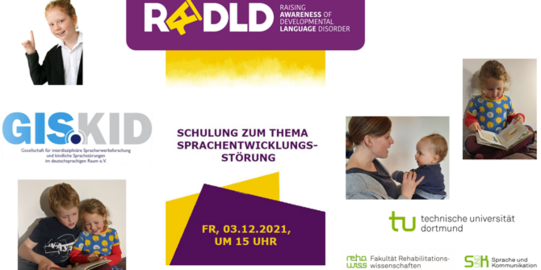 Schulung zum Thema Sprachentwicklungsstörung. Logos und Fotos von Kindern.
